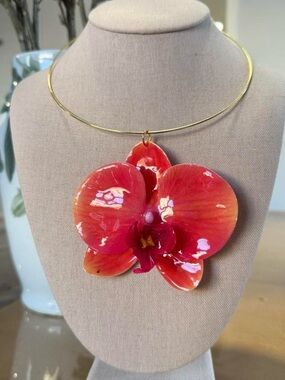 Gold Collar Necklace with Red Orchid Pendant by